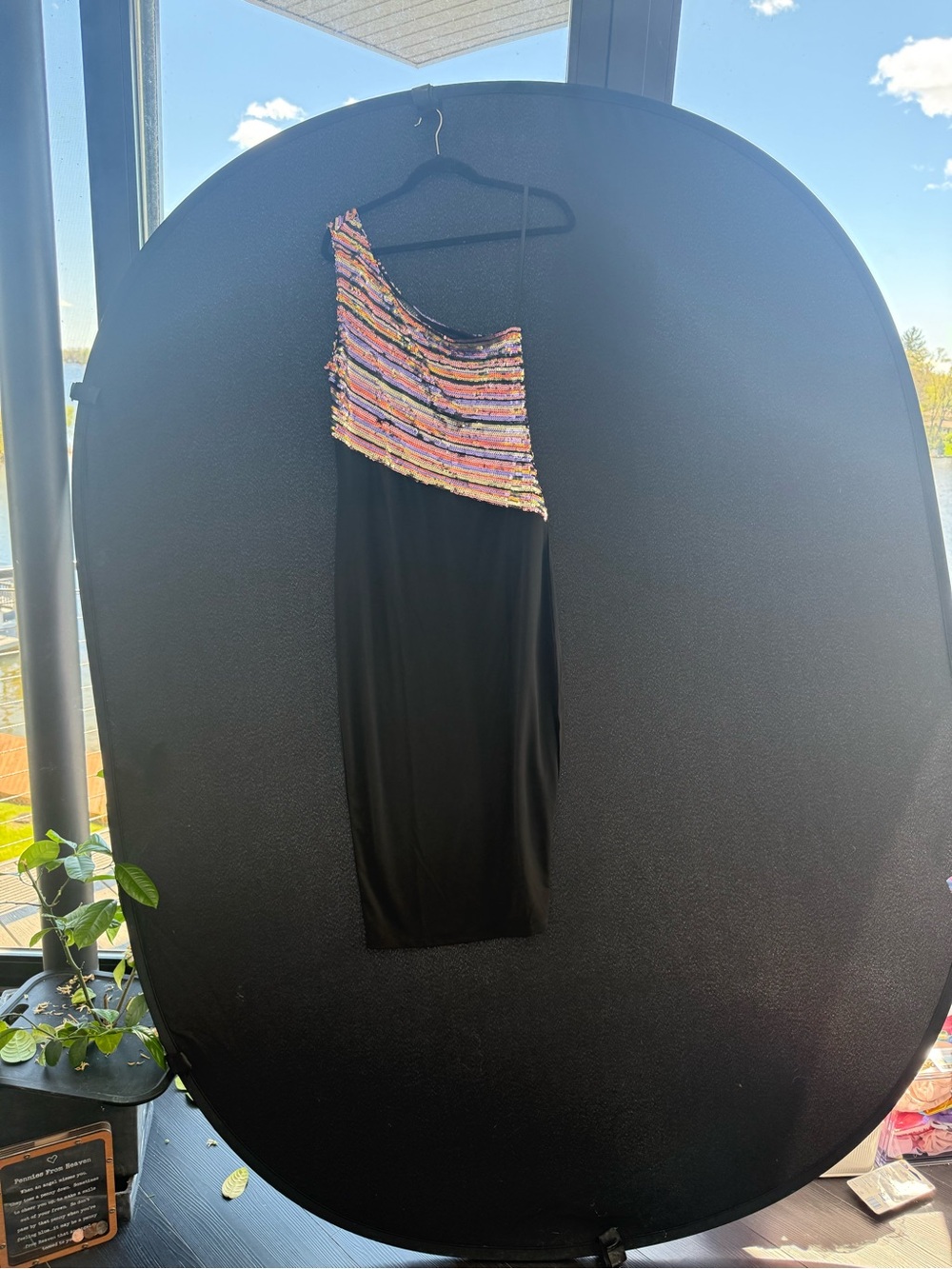 VENUS One-Shoulder Black Dress with Multicolor Sequin Bodice